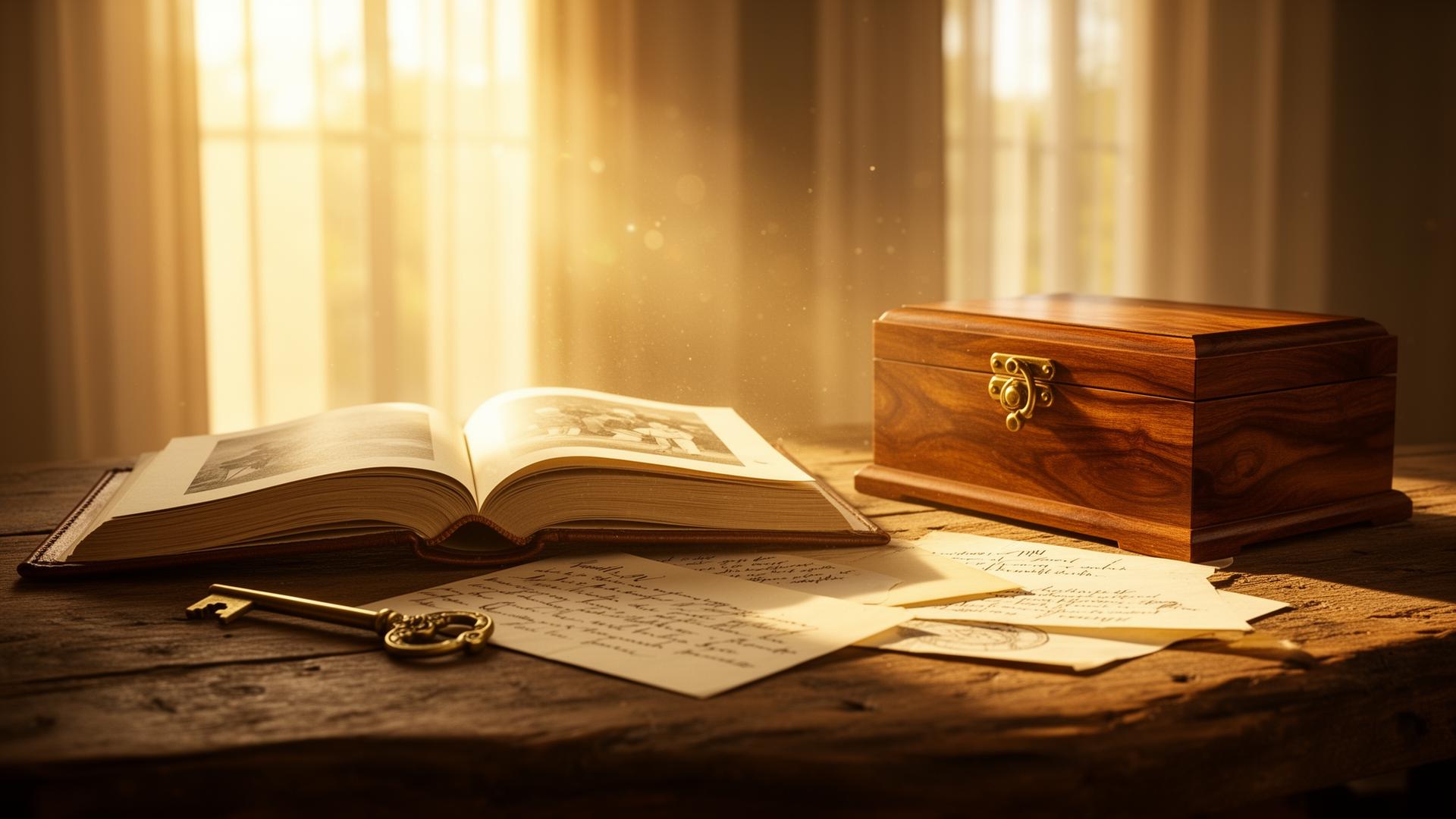 Golden hour light on an open family album, a brass key and a walnut keepsake box