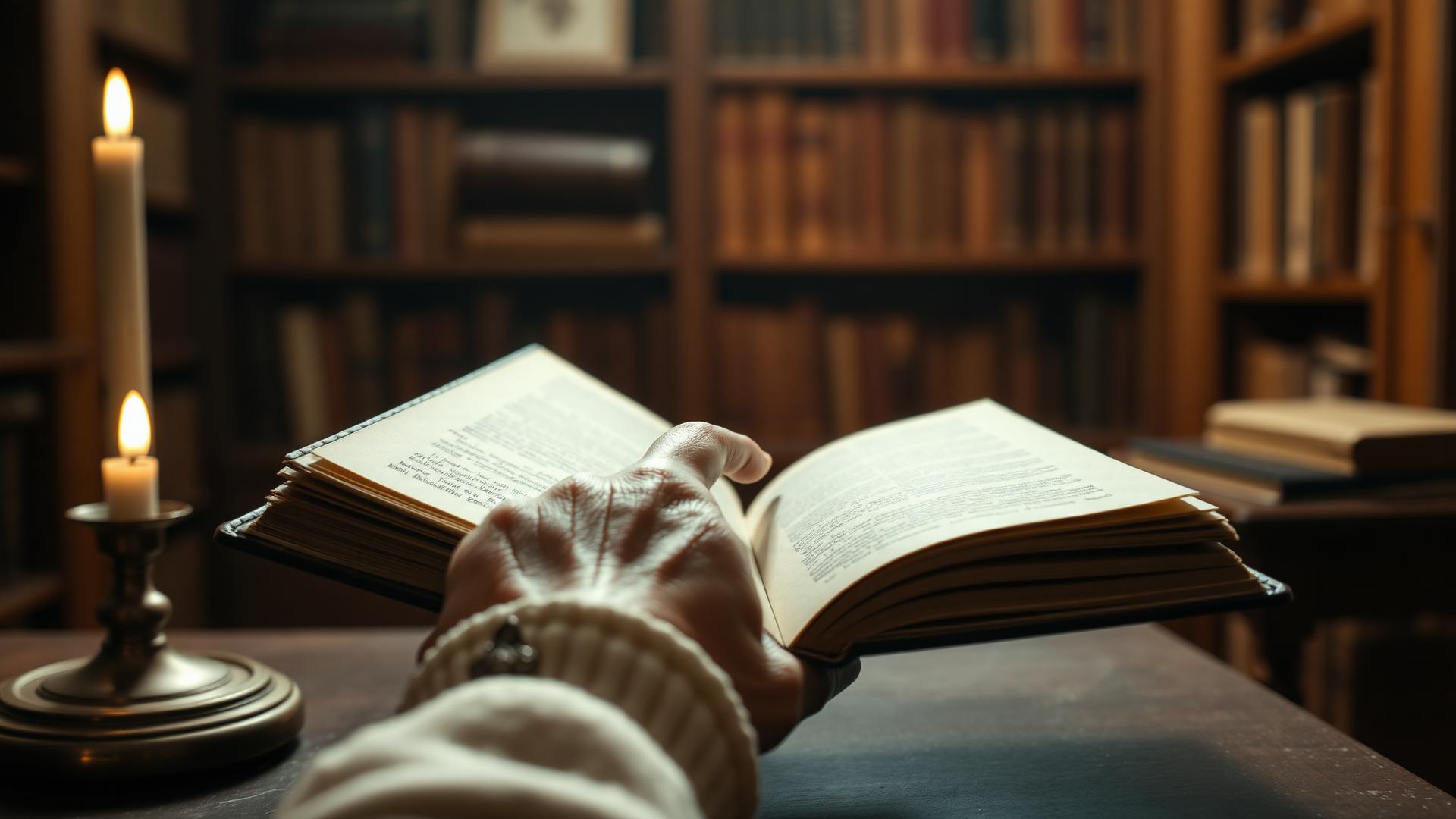 An elderly hand resting on a leather-bound journal in candlelight